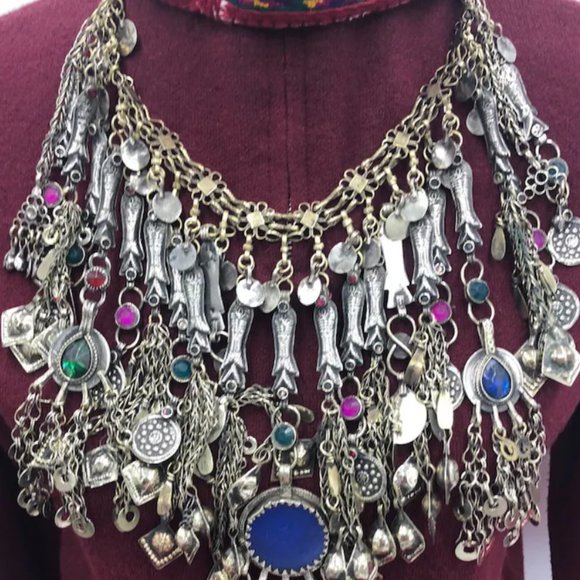Afghan Vintage Silver Kuchi Fish Oversized Choker Necklace, Kuchi Jewelry, - Picture 2 of 7